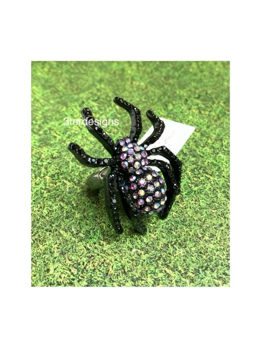NWT Betsey Johnson 💋BLACK SPIDER Hematite Tone Iridescent Stones Stretch Ring